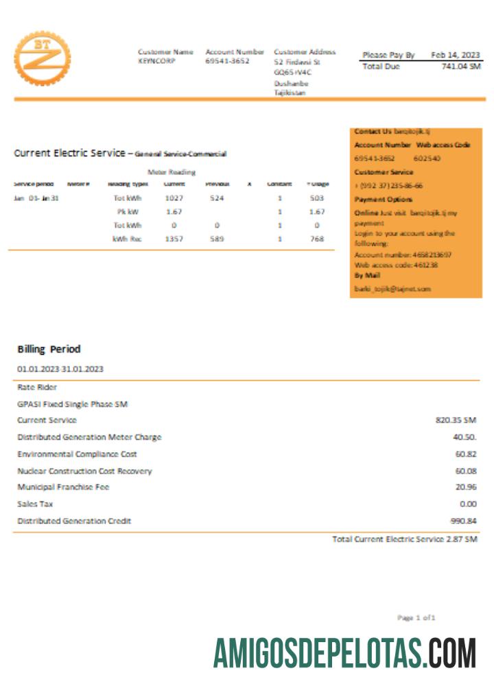 Projeto de lei de negócios de eletricidade da Barqi Tojik Company, SCR modelo